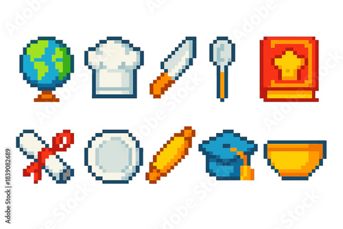 Education and cooking pixel art icon set. Simple pixelated style education collection