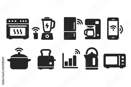 Smart appliance silhouette icon set. Kitchen, home automation, technology icons