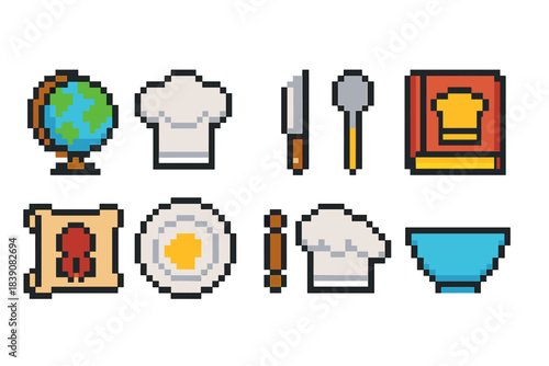 Cooking and kitchen pixel icon set. Chef and culinary items in pixel art style