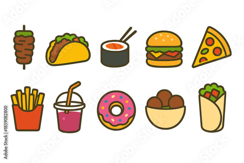Food and snack icon set: delicious flat icons for restaurants and cafes