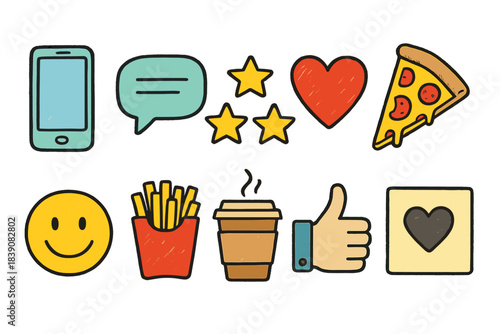 Food, love, communication flat icon set. Pizza, coffee, emoji, and star icons collection