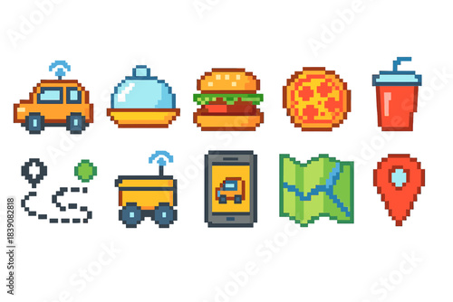 Food and travel pixel icon set. Delightful, retro icons in pixelated style.