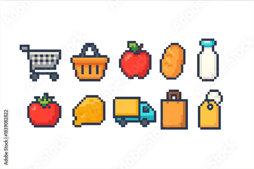 Grocery shopping pixel icon set. Retail, cart, basket, food, pixel style collection