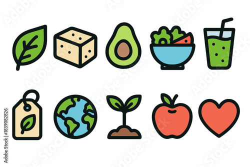 Eco-friendly, vegan flat icon set. Avocado, earth, heart, leaf flat icons collection