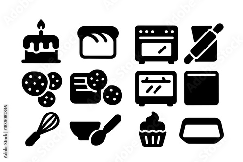 Kitchen and baking solid icon set featuring cooking tools and baked goods