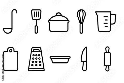 Kitchen utensils outline icon set. Cooking tools collection for culinary design.