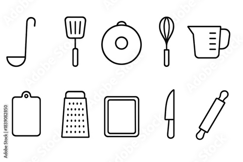 Kitchen utensils outline icon set. Cooking, baking tools line art collection