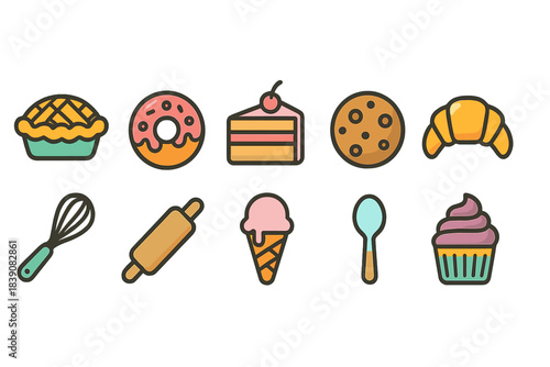 Bakery and sweets flat icon set. Cakes, pastries, desserts flat icons collection