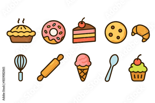 Baking and dessert flat icon set. Sweet treats, kitchen tools, and pastry icons.