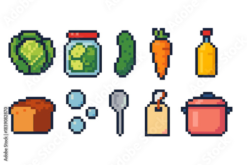 Pixel art food and kitchen icon set. Retro, cooking, culinary icons outline collection