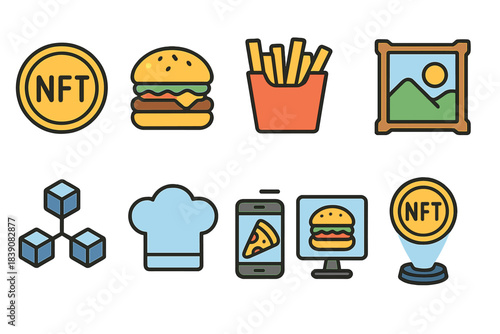 Crypto, fast food flat icon set. Blockchain, digital art, burger, nft icons collection