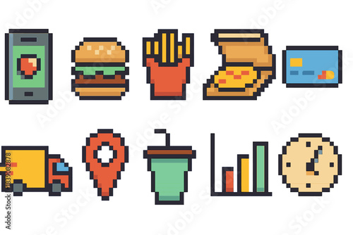 Food delivery pixel icon set. Fast food, transportation, payment pixel art collection