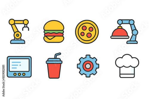 Cooking and robotics flat icon set: culinary technology icons collection