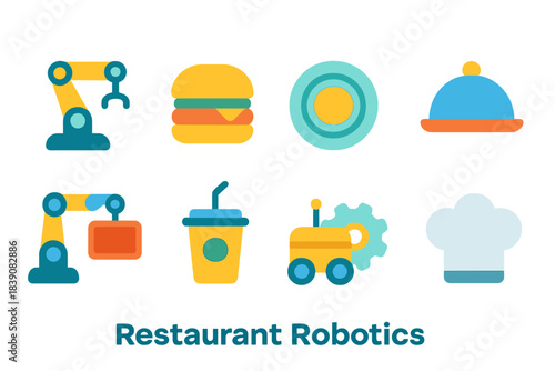 Restaurant automation flat icon set. Robotics, technology, food, beverage icons collection