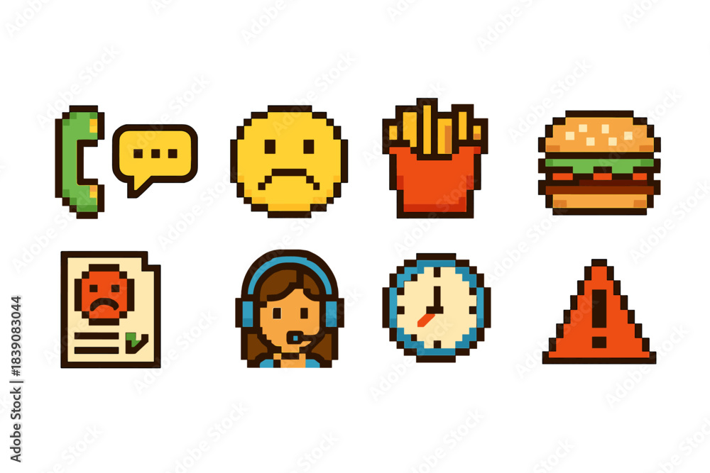 Naklejka premium Retro pixel art icon set. Food, alerts, communication pixel icons collection.