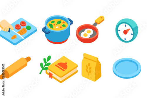 Cooking essentials flat icon set. Kitchen tools, ingredients, food preparation icons.
