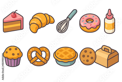 Bakery and pastry flat icon set. Cake, doughnut, muffin icons collection