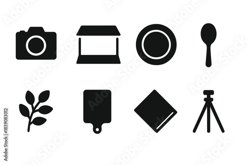 Photography and kitchen solid icon set. Essential camera, cooking tools collection