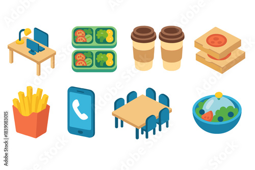 Office and food 3d icon set. Workplace, meals, technology, coffee, and lunch icons
