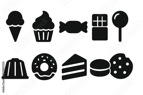 Dessert silhouette icon set. Ice cream, cupcake, candy, donut, cake icons collection