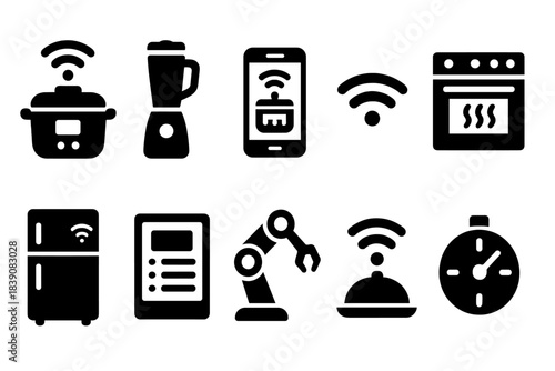 Smart home appliance solid icon set, wireless technology kitchen silhouette collection