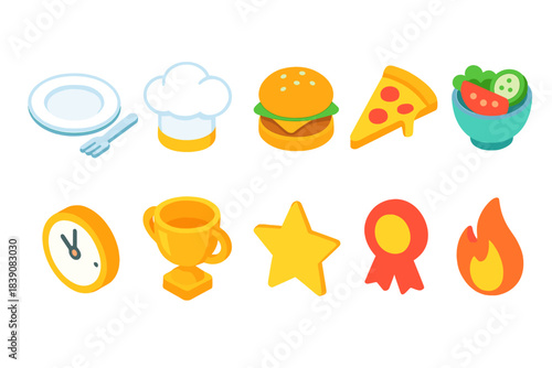 Food, cooking, and awards 3d icon set. Kitchen, dining, recognition icons collection