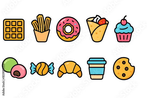 Food and dessert outline icon set. Snacks, sweets, and drinks flat icon collection