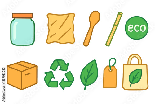 Eco-friendly, sustainability flat icon set. Green, recycle, zero waste icons collection