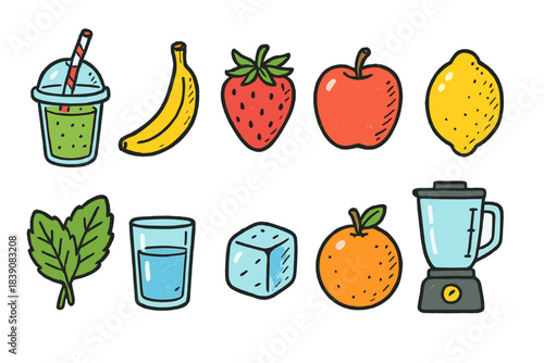Juice and smoothie outline icon set. Fruit, blender, beverage linear icons collection.