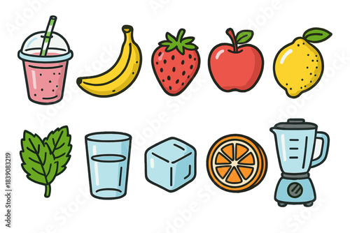 Smoothie ingredients icon set. Fresh fruits and blender line icons collection