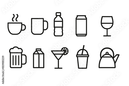 Beverage outline icon set. Drink, cup, bottle, can, glass, tea selections
