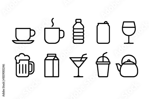 Beverage and drink outline icon set. Coffee, tea, water, and juice icon collection.