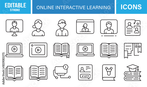 Clean E-Learning Icon Collection Including Instructors, Digital Boards, Video Content, Study Resources, and Virtual Classroom Elements