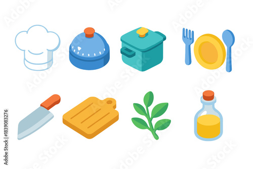 Cooking, kitchen 3d icon set. Chef, utensils, ingredients 3d icon collection