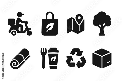 Eco-friendly solid icon set: sustainability, recycling, nature, delivery symbols