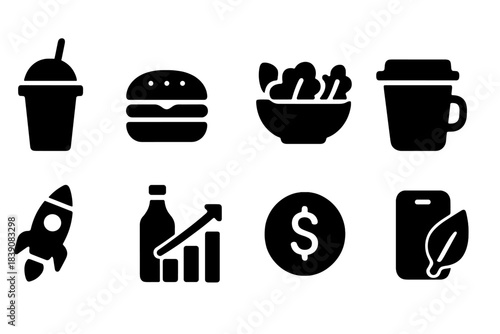 Food and business solid icon set for restaurants and cafes