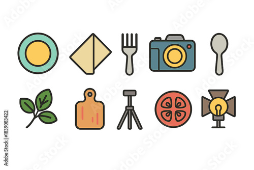 Culinary and photography flat icon set for kitchen and camera enthusiasts