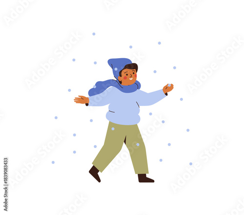 happy boy in winter clothes walks outdoors and enjoys the snowfall. male child in warm hat and scarf playing outside on snowing weather. vector illustration
