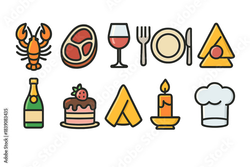 Food and dining flat icon set: culinary, restaurant, gourmet icons in flat style