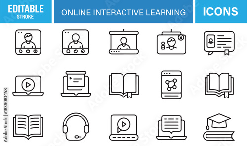 Modern Outline Icon Pack for E-Learning Showcasing Video Tutorials, Presentations, Virtual Classrooms, Study Materials, and Academic Symbols