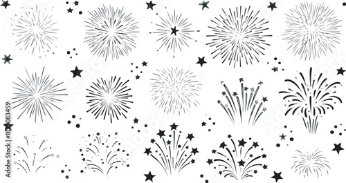 Hand Drawn Doodle Black Fireworks Bursts and Stars Vector Set for Celebration Design