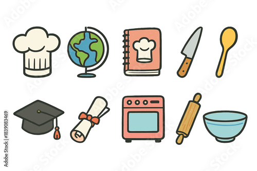Culinary education flat icon set. Cooking, learning, kitchen tools flat collection