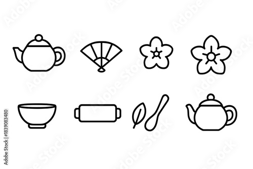 Traditional tea ceremony line icon set. Japanese tea tools, floral line icons collection.