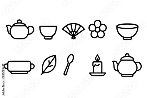 Tea and japanese culture line icon set. Traditional, food and utensil outline icons.