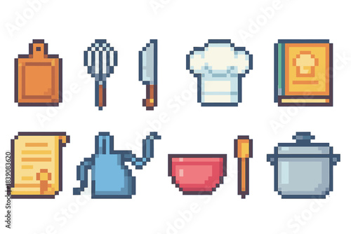 Kitchen essential icon set. Cooking tools and utensils in pixel art style