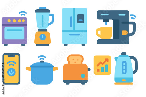 Smart home appliances icon set. Kitchen, energy, wireless flat icons collection