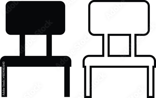 Furniture and chair icons set, collection of sofa, armchair, dining chair bar stool lounge seat, director chair table and seating symbols in solid and outline vector isolated on transparent background