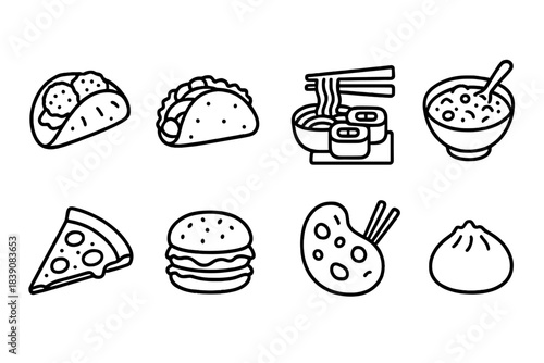 Food and cuisine outline icon set. Delicious, meal, snack icons collection for menus