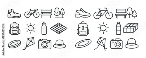 Outdoor activity icon set featuring sports and nature elements in line art style