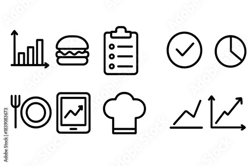 Business and food outline icon set. Charts, food, checklist, chef outline collection